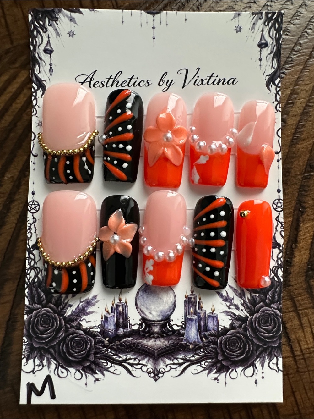 Orange & Black Floral Press-On Nails